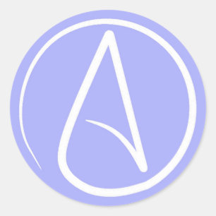 Atheist symbol: white on periwinkle classic round sticker