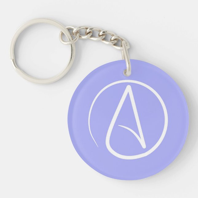 Atheist symbol: white on periwinkle key ring (Front)