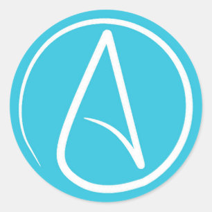 Atheist symbol: white on sky blue classic round sticker