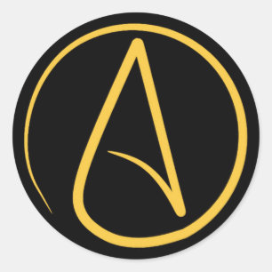 Atheist symbol: yellow on black classic round sticker