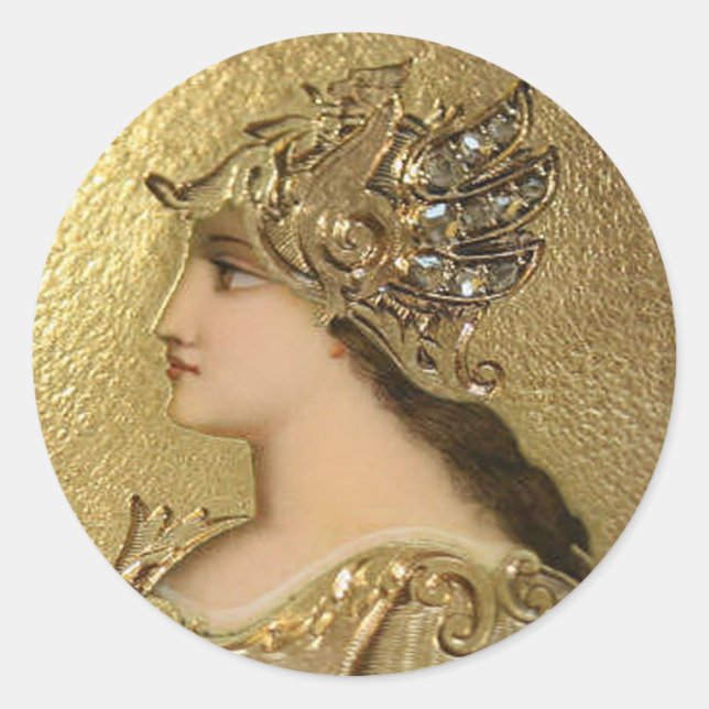 ATHENA PORTRAIT WITH GOLDEN HELMET AND GRYPHONS CLASSIC ROUND STICKER (Front)