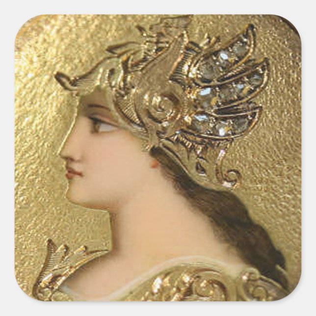 ATHENA PORTRAIT WITH GOLDEN HELMET AND GRYPHONS SQUARE STICKER (Front)