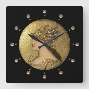 ATHENA PORTRAIT WITH GOLDEN HELMET AND GRYPHONS SQUARE WALL CLOCK