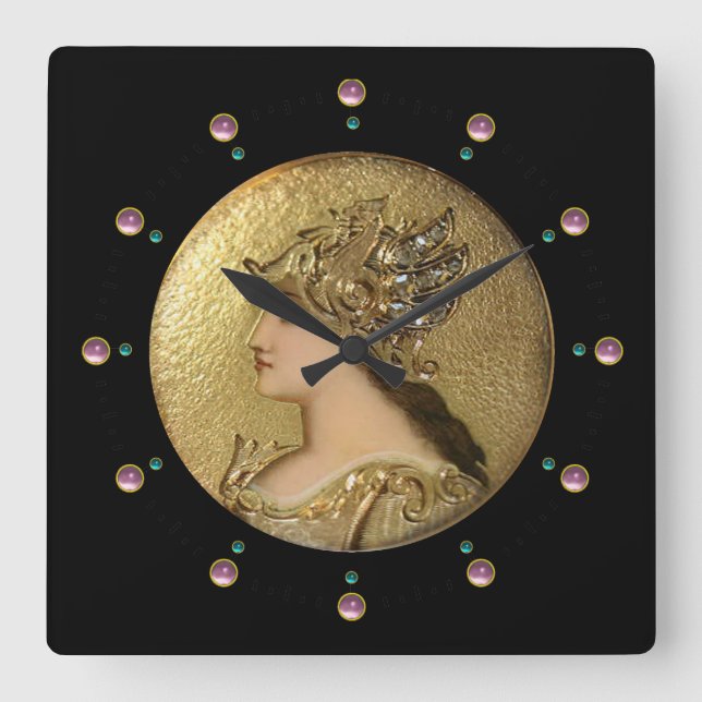 ATHENA PORTRAIT WITH GOLDEN HELMET AND GRYPHONS SQUARE WALL CLOCK (Front)