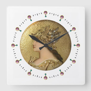 ATHENA PORTRAIT WITH GOLDEN HELMET AND GRYPHONS SQUARE WALL CLOCK