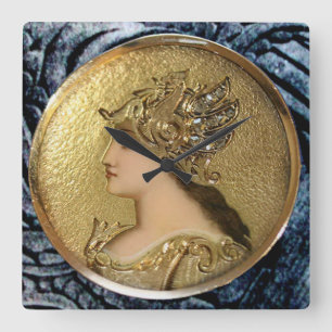 ATHENA PORTRAIT WITH GOLDEN HELMET AND GRYPHONS SQUARE WALL CLOCK