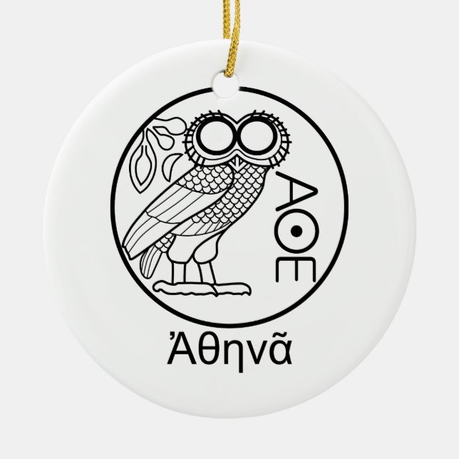 Athena’s owl tetradrachm (Greek Font) Ceramic Ornament (Front)
