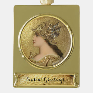 ATHENA WITH GOLDEN HELMET AND FANTASY GRIFFINS GOLD PLATED BANNER ORNAMENT