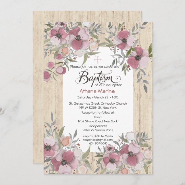 Athena Wood Baptism Invitation (Front/Back)