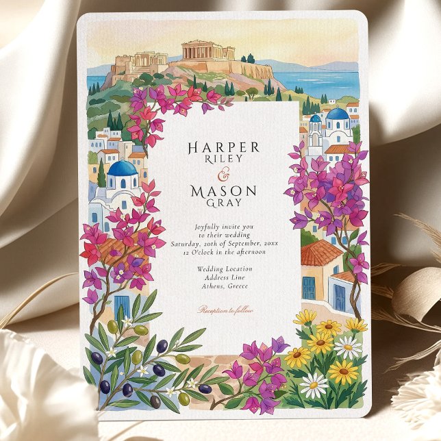 Athens Greece Acropolis Bougainvillea Wedding Invitation (Creator Uploaded)