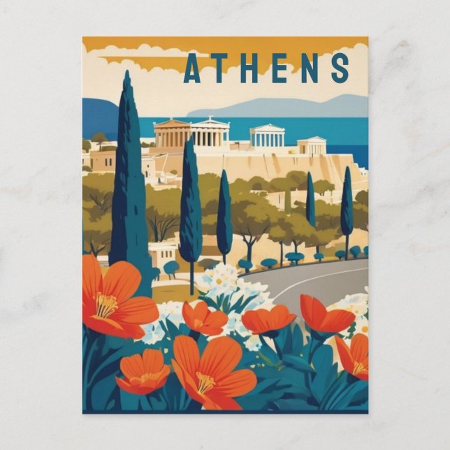 Athens Greece Acropolis Spring Flowers Travel Art Postcard (Front)