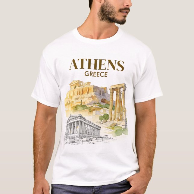 Athens Greece Acropolis Watercolor Sketch Custom T-Shirt (Front)