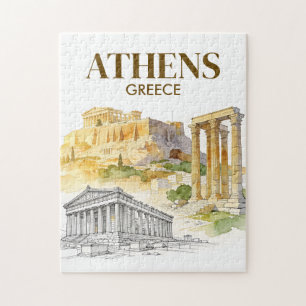 Athens Greece Acropolis Watercolor Sketch Travel Jigsaw Puzzle