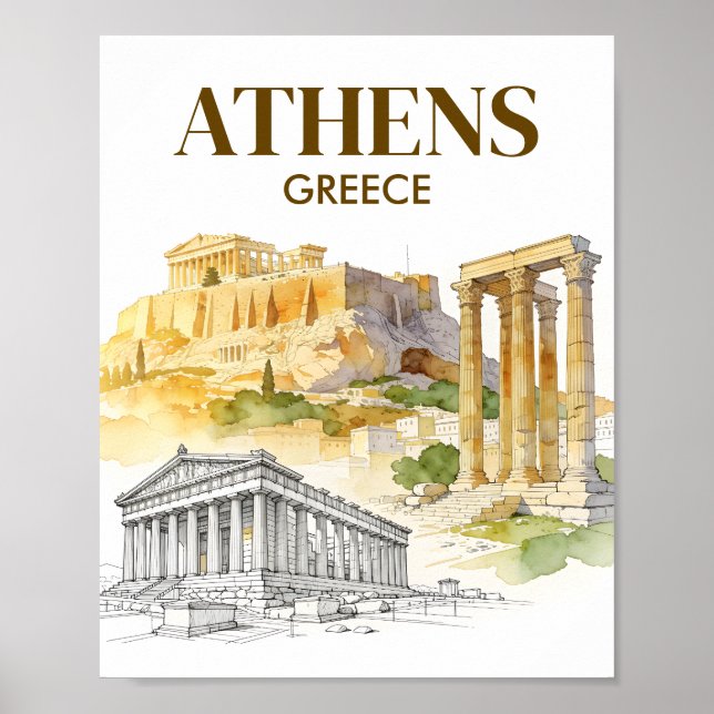 Athens Greece Acropolis Watercolor Sketch Travel Poster (Front)