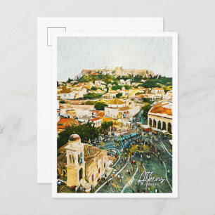Athens Greece Beautiful Oil Paint Landscape Postcard