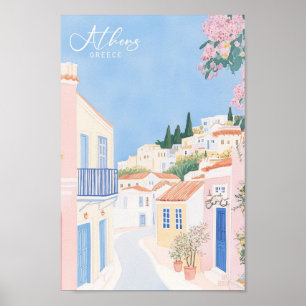 Athens Greece Gouache Paint Illustration Travel Poster