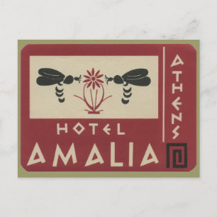 Athens Greece Hotel Amalia Vintage Travel Label Postcard