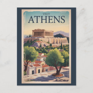 Athens Greece Illustration Travel Art Vintage Postcard