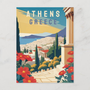 Athens Greece Travel Art with Red Flowers Postcard