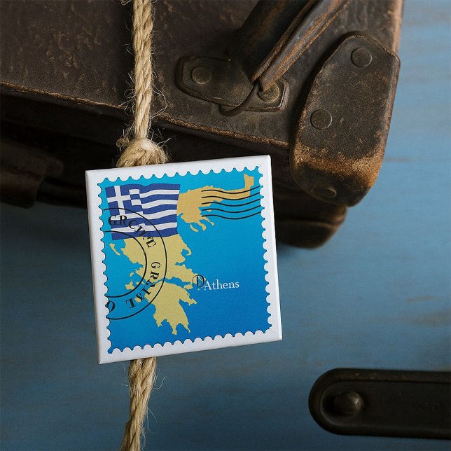 Athens Greece Travel Stamp Greek Flag and Map  15 Cm Square Badge (Creator Uploaded)