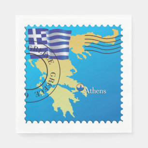 Athens Greece Travel Stamp Greek Flag and Map  Napkin