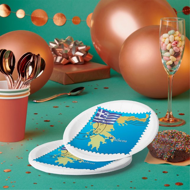 Athens Greece Travel Stamp Greek Flag and Map  Paper Plate (Creator Uploaded)