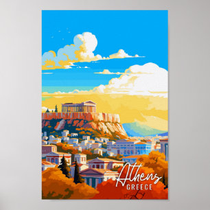 Athens Greece vintage art travel illustration Poster
