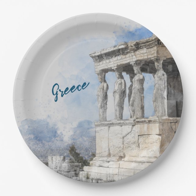 Athens Greece Watercolor Ruins Paper Plates  (Front)