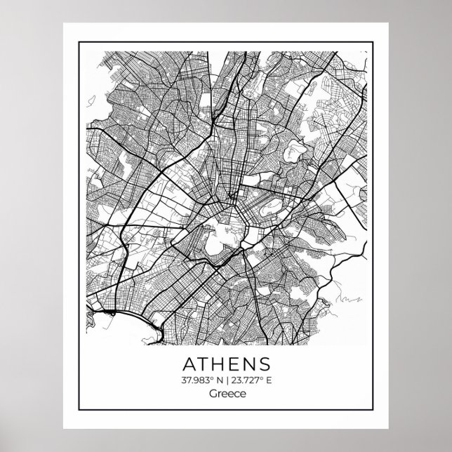 Athens Map - Athnes Black & White Map Poster (Front)