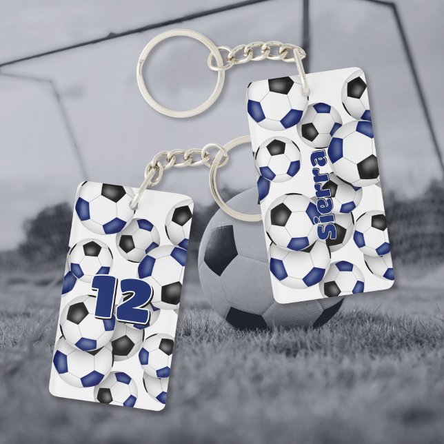 athlete name cluster of blue black soccer balls key ring (Front & back views)