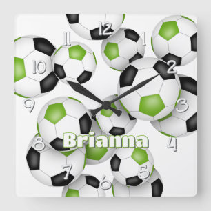 athlete name on bright green black soccer balls square wall clock