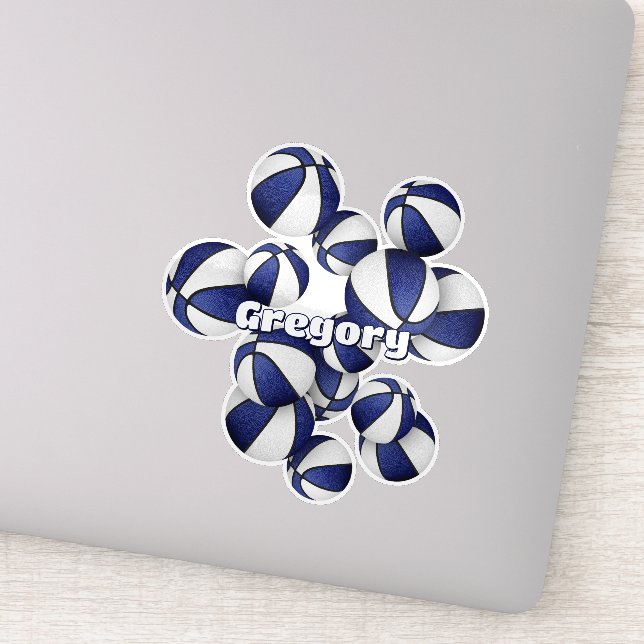 athlete name on cluster of blue white basketballs (Detail)