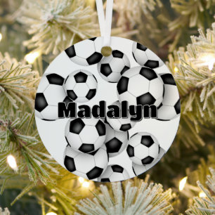athlete name on cluster of soccer balls keepsake metal tree decoration