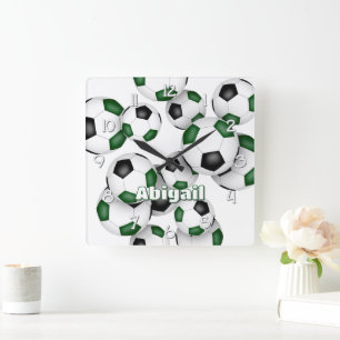 athlete name on green black soccer balls square wall clock