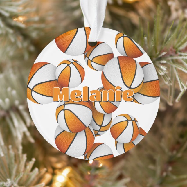 athlete name on orange white basketballs ornament (Tree)