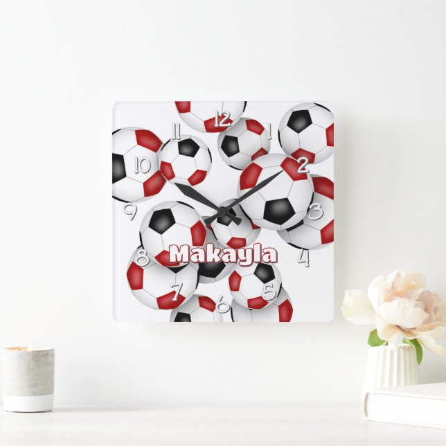 athlete name on red black soccer balls cluster square wall clock (Home)