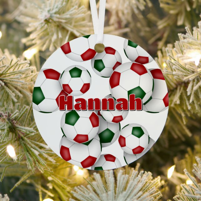 athlete name on red green soccer balls keepsake metal tree decoration (Insitu)