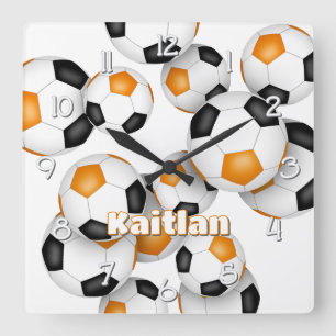 athlete name orange black soccer sports room square wall clock