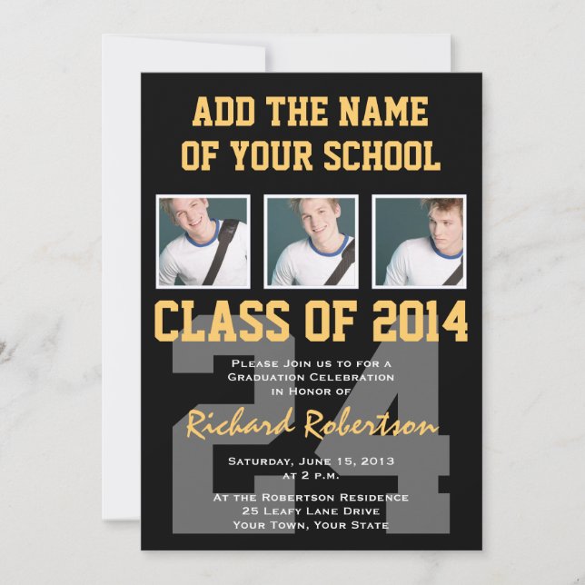 Athlete's Graduation Party Black and Gold Invitation (Front)