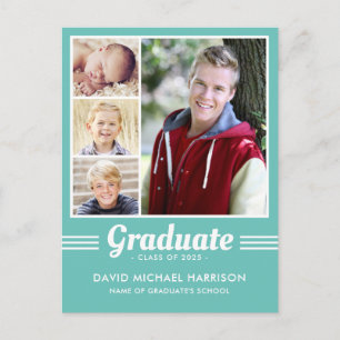 Athletic Aqua Green-Blue Multi-Photo Graduation Postcard
