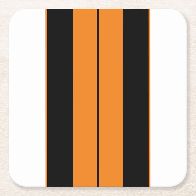 Athletic Black White Bright Orange Racing Stripes Square Paper Coaster (Front)