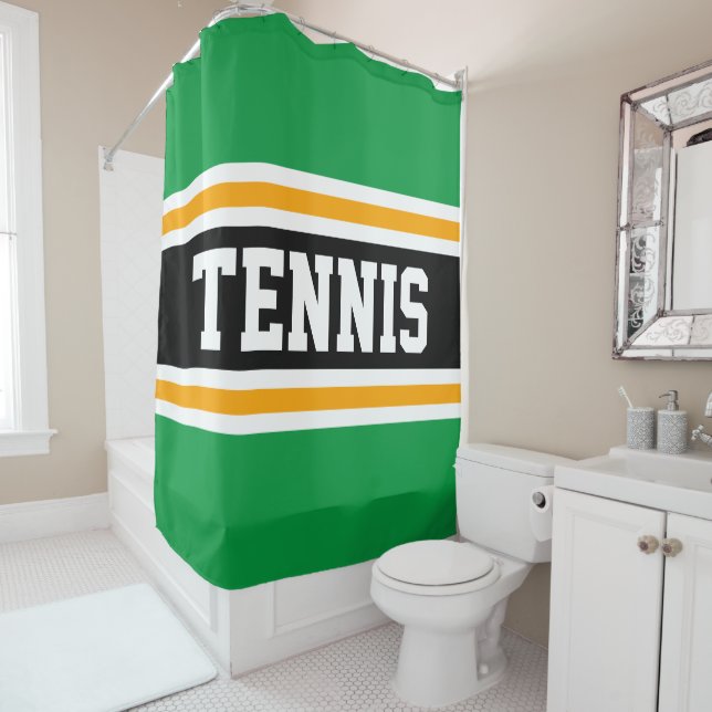 Athletic Bright Green Black Yellow TENNIS Stripes Shower Curtain (In Situ)