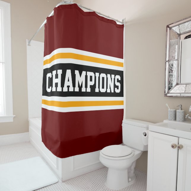 Athletic CHAMPIONS Bold Red Black Racing Stripes Shower Curtain (In Situ)