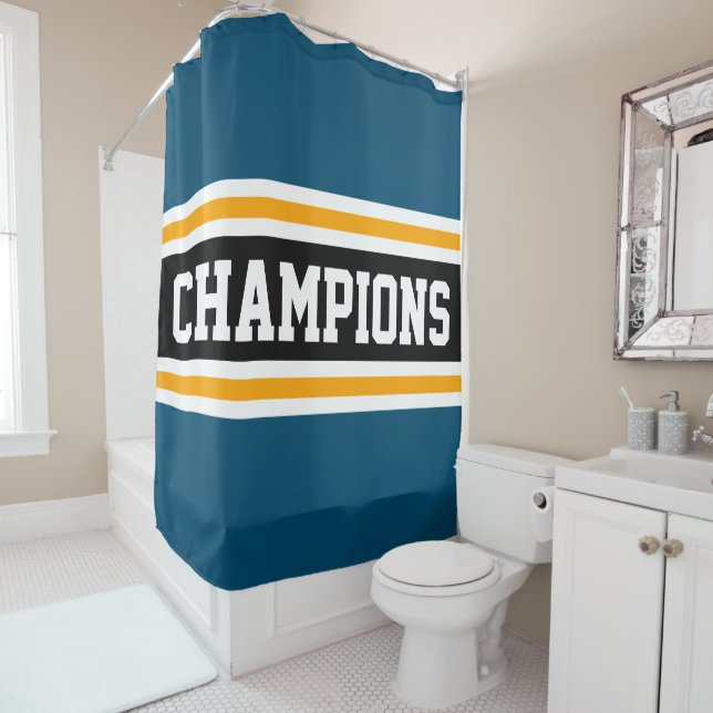 Athletic CHAMPIONS Teal Blue Black Racing Stripes Shower Curtain (In Situ)