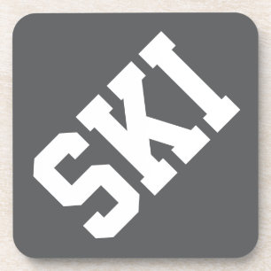 Athletic Diagonal White SKI Text On Sporty Gray Coaster