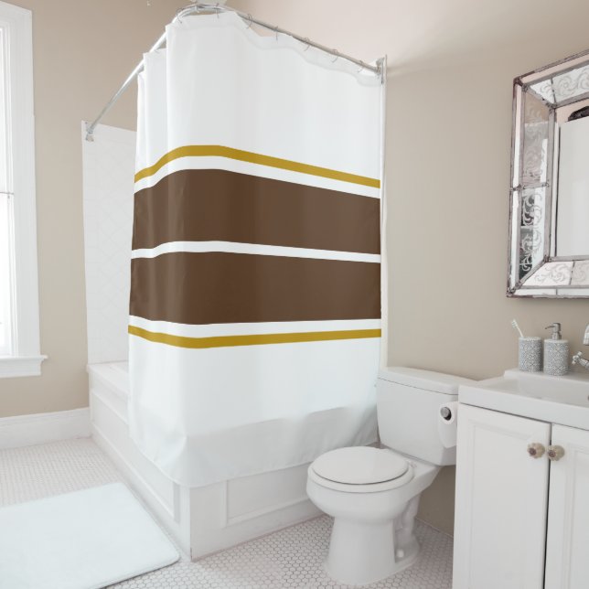Athletic Fun Twin Bold Brown White Racing Stripes  Shower Curtain (In Situ)