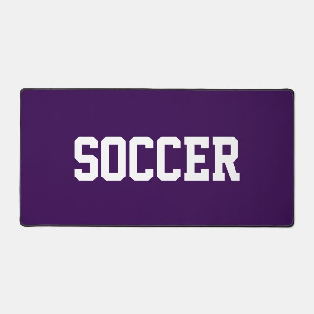 Athletic Fun White SOCCER Text On Deep Purple Desk Mat (Front)