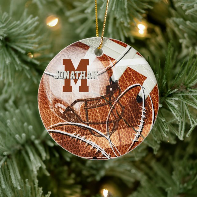 athletic gifts varsity letter monogram football ceramic ornament (Tree)