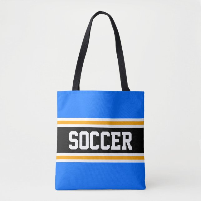 Athletic SOCCER Bright Blue Black Yellow Stripes Tote Bag (Front)