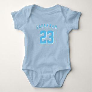 Athletic sports light blue custom name number baby bodysuit